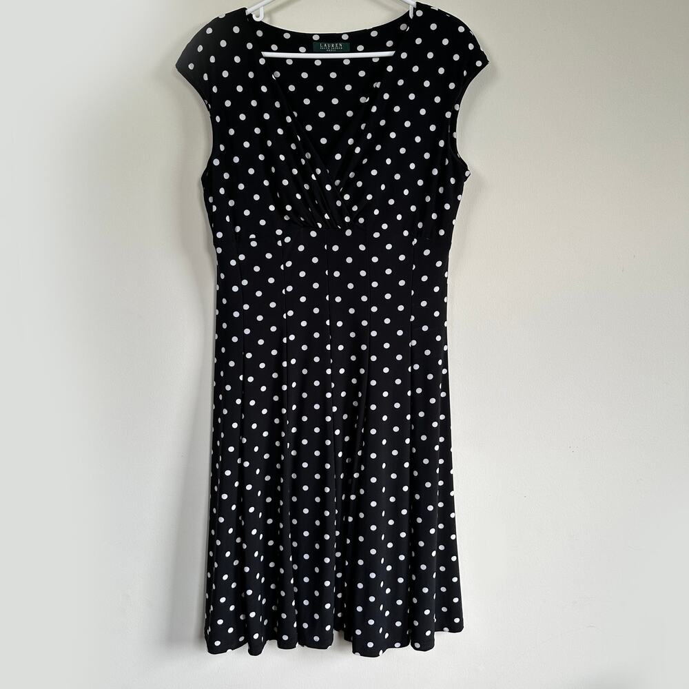 Lauren Ralph Lauren Dress V-Neck Short Sleeve Fit & Flare Black Polka Dot Sz Med